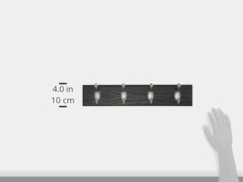 HIGH & MIGHTY 515708 Coat Rack 4 Hook Rail, Easy Tool-Free Dry Wall Installation, Holds up to 30lbs, Black & Silver