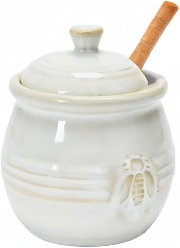 Whimsical White Stoneware Honey Pot with Wooden Dipper - Farmhouse Style