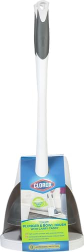 6.75 7 19.5 Clorox Toilet Plunger and Bowl Brush Combo with Caddy, x x in, White/Gray