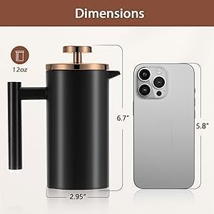 Miuly Black Coffee Press, Stainless Steel French Press Coffee Maker, 350ml/12oz with 2 Filter Mesh, Black