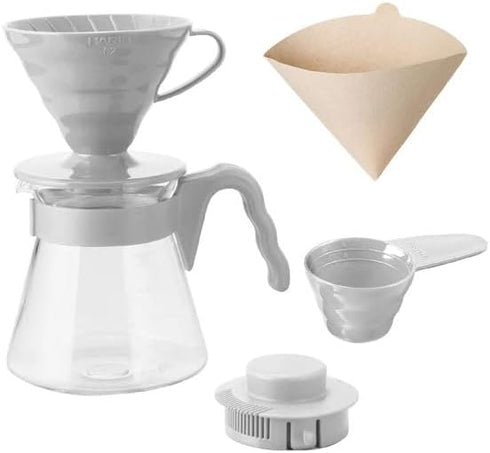Hario V60 Pour Over Starter Set with Dripper, Glass Server, Scoop and Filters, Size 02, Pale Grey by Hario