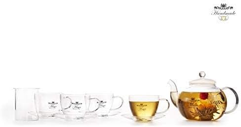 Set (40 oz.), 4 4 Tea Accessories Box With Glass Teapot Infuser, Teacups, and Saucers for Blooming & Loose Leaf Tea
