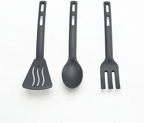 Kitchen Cooking Tools 3Pcs Mini Nylon Utensils Set, Slotted Turner, Solid Spoon, Fork for Children Dinner Tools (Black)