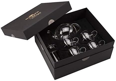 Set (40 oz.), 4 4 Tea Accessories Box With Glass Teapot Infuser, Teacups, and Saucers for Blooming & Loose Leaf Tea