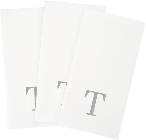 15.8 7.9 Inch 50 Luxenap X Linen-Feel Guest Towels, Lettered Hand Towels - Silver Letter 'T', Sans Serif Font, White