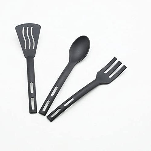 Kitchen Cooking Tools 3Pcs Mini Nylon Utensils Set, Slotted Turner, Solid Spoon, Fork for Children Dinner Tools (Black)