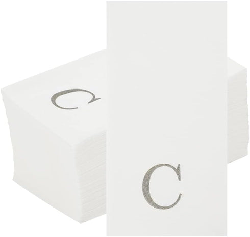 15.8 7.9 Inch 50 Luxenap X Linen-Feel Guest Towels, Lettered Hand Towels - Silver Letter 'C', Sans Serif Font, White