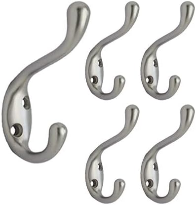 QCAA 5 Pack Heavy Duty Coat and Hat Hook Hanger, 3-3/8", Satin Nickel, Zinc Die Cast, Made in Taiwan