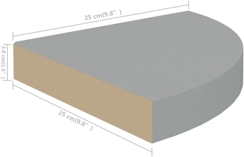 9.8"x9.8"x1.5" vidaXL Floating Corner Shelf, Gray, Honeycomb MDF and Metal Construction, Invisible Mounting System