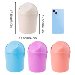 2 Pcs Plastic Mini Wastebasket Trash Can, Swing Lid with 120 Trash Bags for Home, Office, Blue + Purple