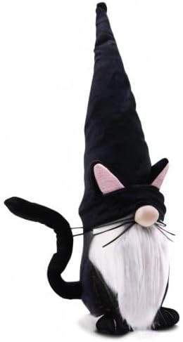 Upltowtme Black Cat Gnome Plush, 13.5" Handmade Scandinavian Tomte Figurine for Spring Farmhouse Decor, Gift for Cat