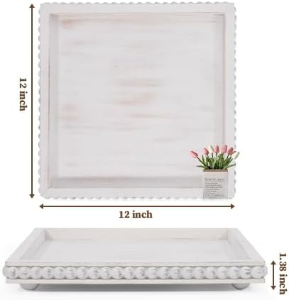 12in HPC Decor Square Decorative Tray for Home Decor- White Wood Beaded Tray- Decorative Square Tray for Living Room