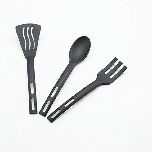 Kitchen Cooking Tools 3Pcs Mini Nylon Utensils Set, Slotted Turner, Solid Spoon, Fork for Children Dinner Tools (Black)