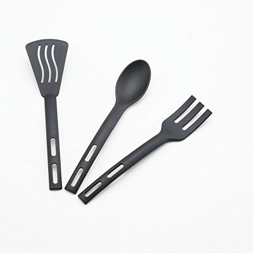 Kitchen Cooking Tools 3Pcs Mini Nylon Utensils Set, Slotted Turner, Solid Spoon, Fork for Children Dinner Tools (Black)