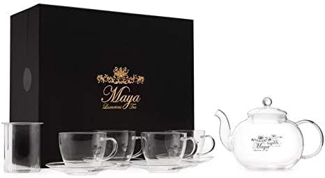 Set (40 oz.), 4 4 Tea Accessories Box With Glass Teapot Infuser, Teacups, and Saucers for Blooming & Loose Leaf Tea
