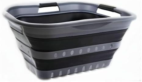 SAMMART 30L (8 Gallon) Collapsible Plastic Laundry Basket - Foldable Pop Up Storage Container (Grey/Black)