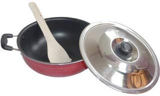 Non-Stick Kadai with Stainless Steel Lid, Aluminium Non-Stick Cookware, Deep Fry Kadai with Scrubber & Paddle