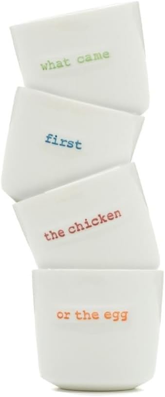 Word Range Ceramic Set of 4 Egg Cups, Gift Boxed, What Came First the Chicken or the Egg