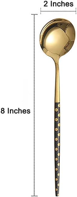 Stainless Steel Soup Spoon,Korean Dessert Spoon,Polka Dot Mixed Color Spoon for Home, Kitchen or Restaurant, Set of 4 Black Polka Dot Soup Spoons, 8 Inches.