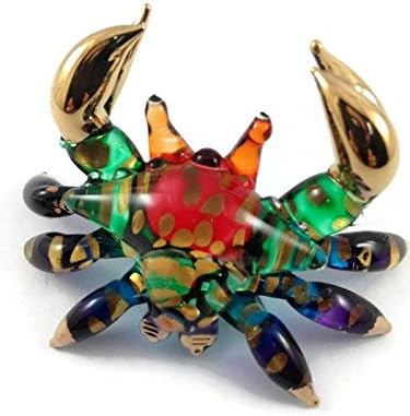 Tiny 2?" Multicolor Gold Sea Crab Figurine, Miniature Hand Blown Painted Glass, Cute Colorful Collectible