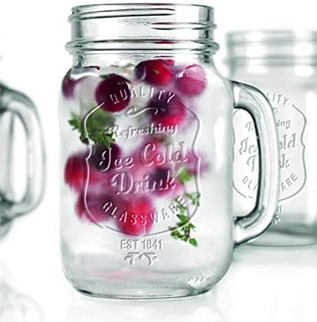 Set 10 16 Oz. Glaver's of Ice Cold Mason Drinking Glasses With Handles. Quality Refreshing Ice Cold Embossed Logo Jars