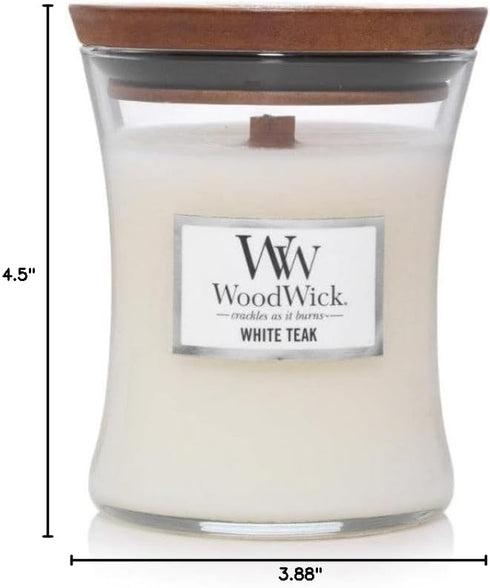WoodWick Medium Hourglass Candle White Teak Premium Soy Blend Wax Pluswick Innovation Wood Wick Made in USA