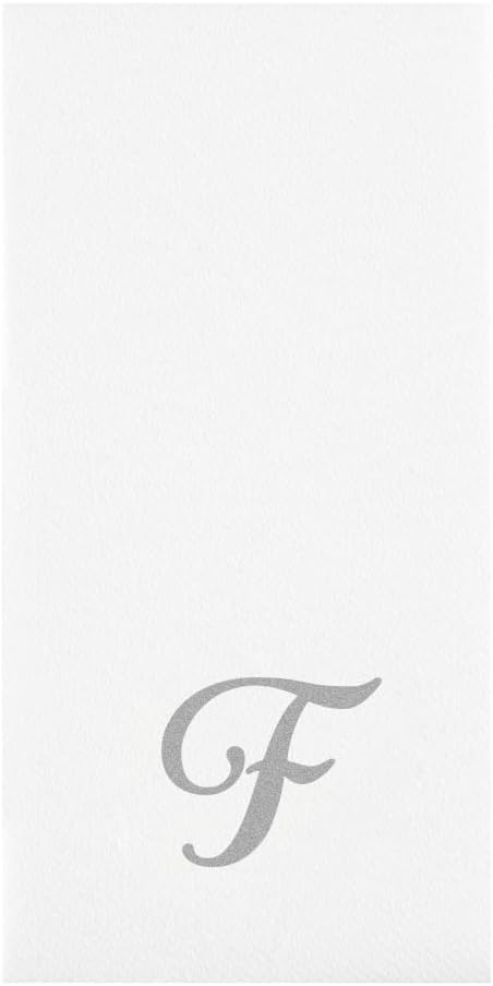 15.8 7.9 Inch 50 Luxenap X Linen-Feel Guest Towels, Lettered Hand Towels - Silver Letter 'F', Cursive Font, White Paper