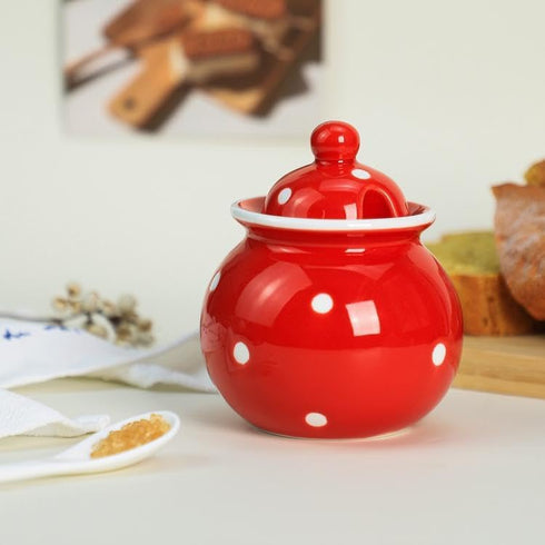 123Arts Ceramics Dot Sugar Salt Pepper Storage Jar - Seasoning Pot with Lid and Spoon