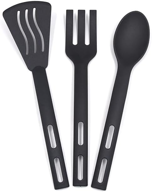 Kitchen Cooking Tools 3Pcs Mini Nylon Utensils Set, Slotted Turner, Solid Spoon, Fork for Children Dinner Tools (Black)