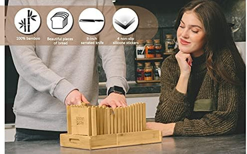 Kitchen Seven 3 Bamboo Bread Slicer with Crumb Tray Bamboo Bread Cutter for Homemade Bread, Loaf Cakes, Bagels Slicer