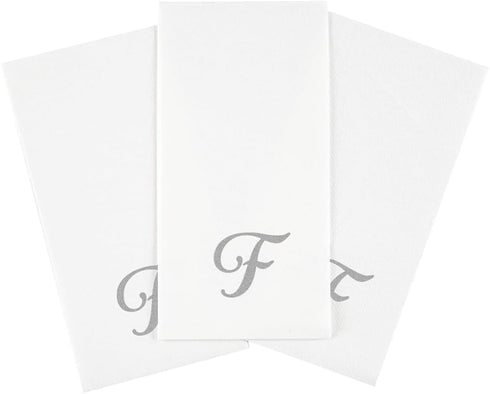15.8 7.9 Inch 50 Luxenap X Linen-Feel Guest Towels, Lettered Hand Towels - Silver Letter 'F', Cursive Font, White Paper