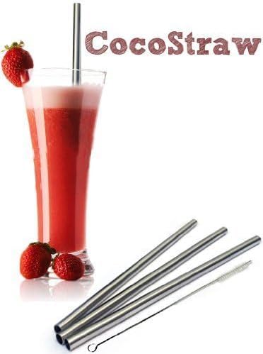 4 Stainless Steel Wide Smoothie Straws + Cleaning Brush + Citrus Peeler - CocoStraw Large Straight Straw
