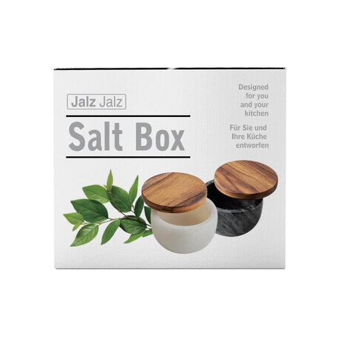 Salt Box with Spoon, Black Marble Base and Natural Acacia Top, Decorative Spice Cellar