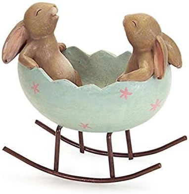 Vintage Rustic Country Bunnies Rabbit Figurine Statue, Laughing Bunny Rabbits Rocking in an Easter Egg Cradle