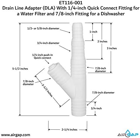 ET116-001 Drain Line Adapter (DLA) with 1/4-inch Quick Connect Fitting for Water Filter and 7/8-inch Dishwasher Fitting