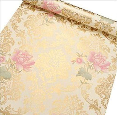Self-Adhesive Shelf Liners Paper, Removable Self Adhesive Liner for Home Decoration, Gold Pink Flower 17.8 x 118 Inches