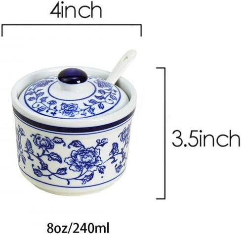 Retro Ceramic Blue and White Sugar Bowl, Seasoning Pot Storage Jar with Lid
