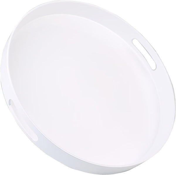 Round White Decorative Serving Tray with Handles, 13 Versatile Ottoman Tray for