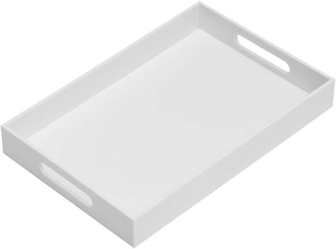 KEVLANG Glossy White Sturdy Acrylic Serving Tray with Handles-10x15Inch-Serving Coffee Appetizer Breakfast