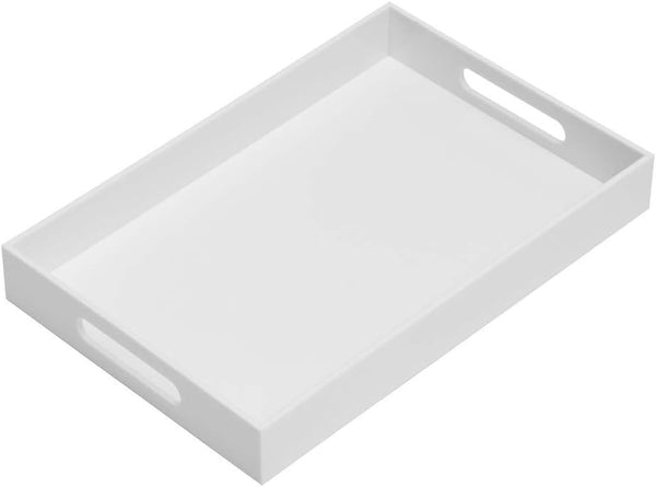KEVLANG Glossy White Sturdy Acrylic Serving Tray with Handles-10x15Inch-Serving Coffee Appetizer Breakfast