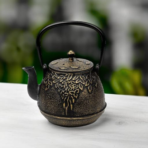 TOPTIER Japanese Cast Iron Tea Kettle - Humidifier for Stove Top, Leaf Design, 32 Ounce (950 ml), Black