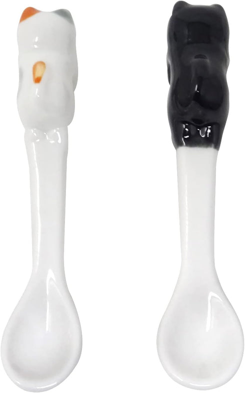 Honbay 2PCS Mini Cute Ceramic Cat Spoon, Hangable Tea Spoon, Cartoon Animals Coffee Spoon (Black)