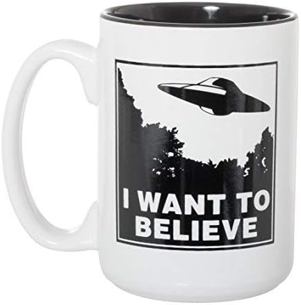 Artisan Owl I Want to Believe UFO Mug, 15oz Funny Alien Tea & Coffee Cup for Sci-Fi Fans in Black Inlay