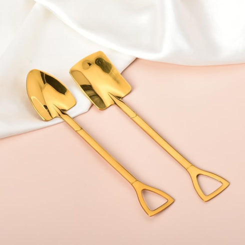 Golden Shovel Spoons Set of 2, Flat Dessert Coffee Tea Spoons for Ice Cream Lovers Housewarming Gifts