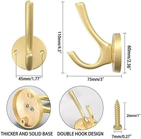 ZUONAI Gold Coat Hooks 2 Pack – Heavy Duty Brushed Brass Wall Hooks for Coats, Hats, Jackets, Keys