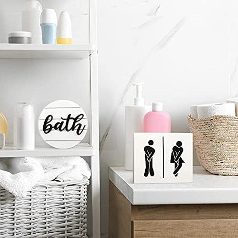 Jetec 2 Pcs 3D Bathroom Signs Decor, Rustic Funny Wooden Unisex Round Restroom Signs for Guest