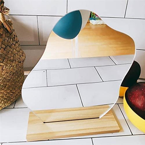 Irregular Aesthetic Vanity Mirror, Frameless Decorative Acrylic Mirrors with Wooden Stand for Living Room, Bedroom,