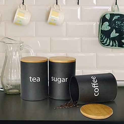 SOTECH Metal Food Storage Jar Set of 3 - Farmhouse Coffee Canisters with Bamboo Lids for Kitchen Decor