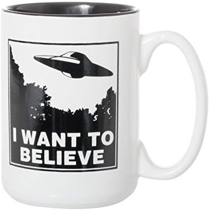 Artisan Owl I Want to Believe UFO Mug, 15oz Funny Alien Tea & Coffee Cup for Sci-Fi Fans in Black Inlay