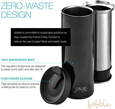 bobble French Coffee Presse - On-The-Go Use, Quick Brew, Slim Design, Triple Wall Insulation, 14 oz (Black)
